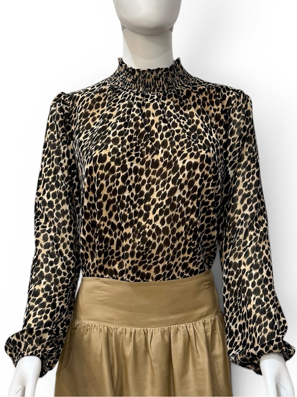 J. Crew Leopard Print Smocked Neck Blouse, Lined - Black & Tan - Small